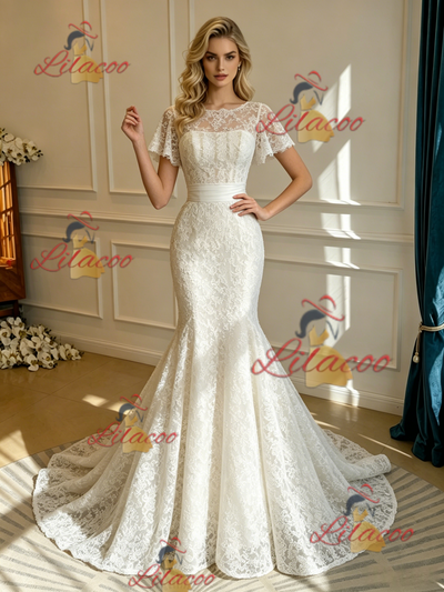White Mermaid Lace Scoop Neck Wedding Dress