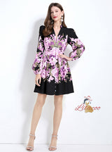 Retro Palace V-neck Long Sleeve Printed Dress