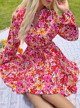 Slim Lace Up Collar Printed Dress