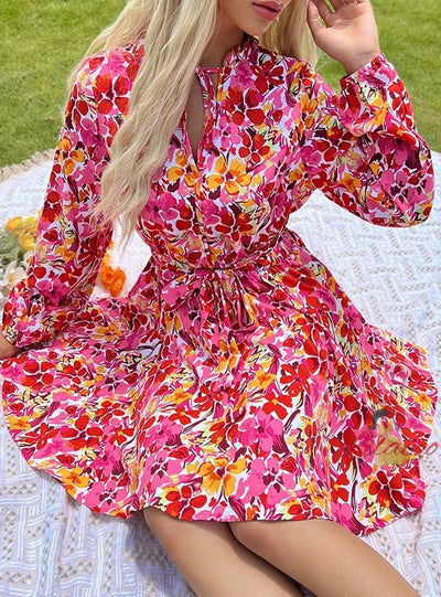 Slim Lace Up Collar Printed Dress