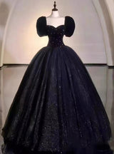 Black Tulle Velvet Puff Sleeve Prom Dress
