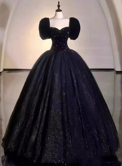 Black Tulle Velvet Puff Sleeve Prom Dress