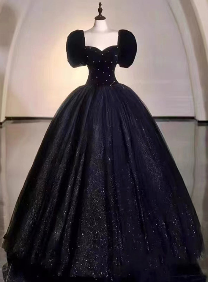 Black Tulle Velvet Puff Sleeve Prom Dress