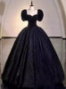 Black Tulle Velvet Puff Sleeve Prom Dress