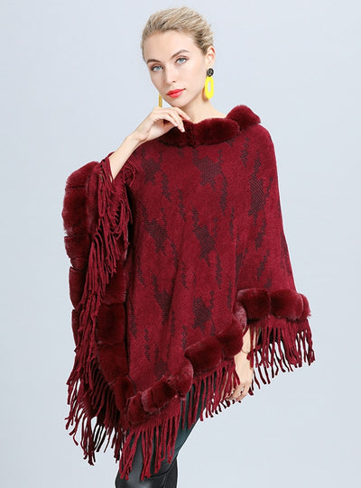 Geometric Jacquard Fur Collar Tassel Pullover Cloak