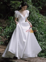 White Satin V-neck Short Sleeve Wedding Dress