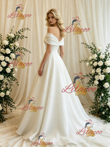 White Off the Shoulder Pleats Wedding Dress