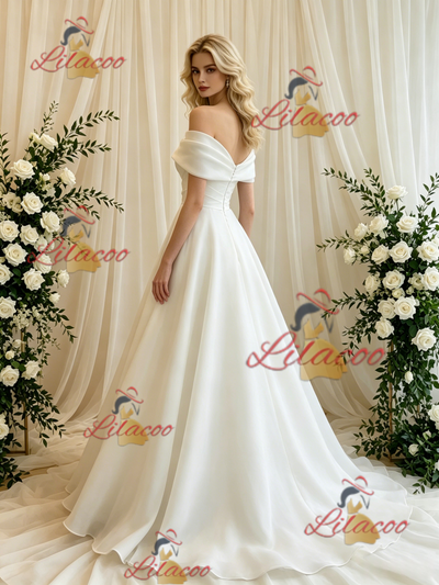 White Off the Shoulder Pleats Wedding Dress