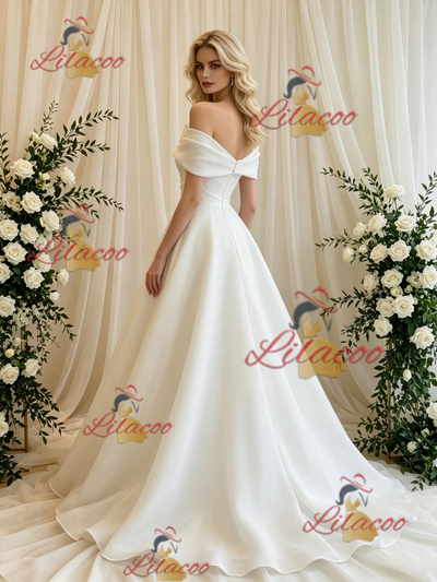 White Off the Shoulder Pleats Wedding Dress