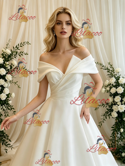 White Off the Shoulder Pleats Wedding Dress