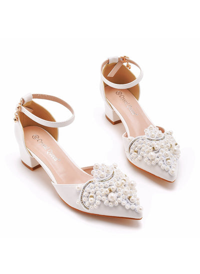 4 cm White Beaded Pointed Heels Sandals