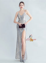 Sequins V-neck Backless Split Prom Dress
