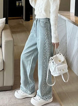 Beaded Wide Leg High Waist Loose Straight Jeans