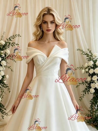 White Off the Shoulder Pleats Wedding Dress