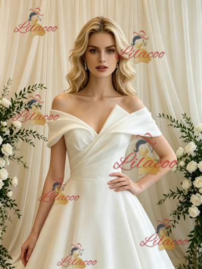 White Off the Shoulder Pleats Wedding Dress