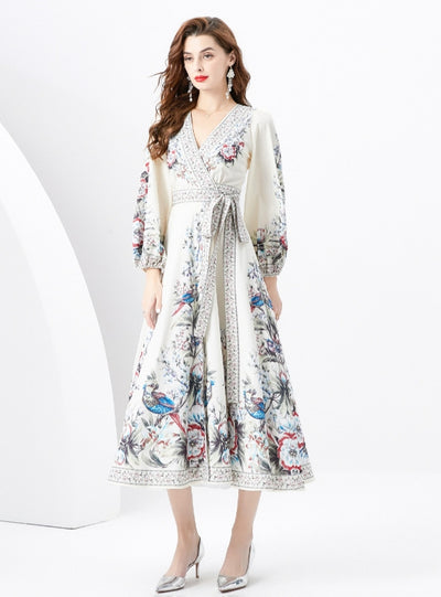Retro Printed Bubble Sleeve Dress