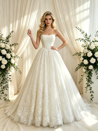 Beige White Tulle Appliques Strapless Wedding Dress