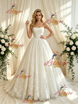 Beige White Tulle Appliques Strapless Wedding Dress