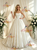 Beige White Tulle Appliques Strapless Wedding Dress