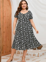 Bubble Sleeve Ruffled Printed Slim Dress