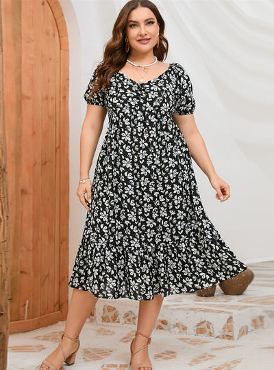 Bubble Sleeve Ruffled Printed Slim Dress