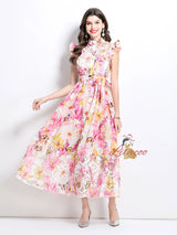 Oil Painting Flower Lace Stitching Long Dress