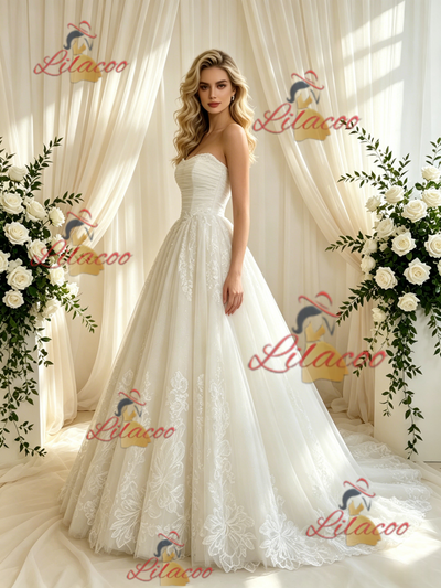 Beige White Tulle Appliques Strapless Wedding Dress
