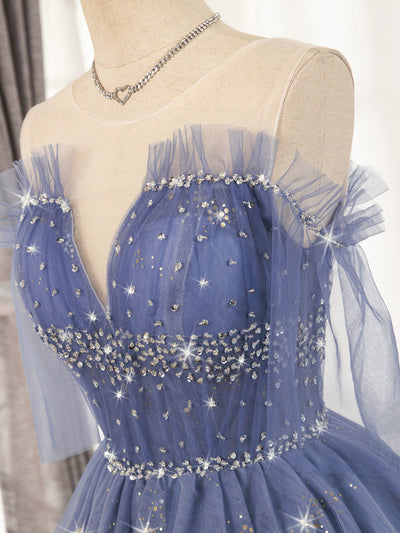 Blue Tulle Sequins Beading Pleats Homecoming Dress