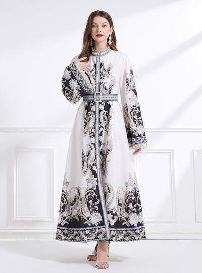 Palace Retro Trumpet Sleeve Printed Long Dress