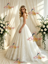 Beige White Tulle Appliques Strapless Wedding Dress