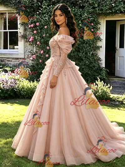 Pink Tulle Sequins Long Sleeve Quinceanera Dress