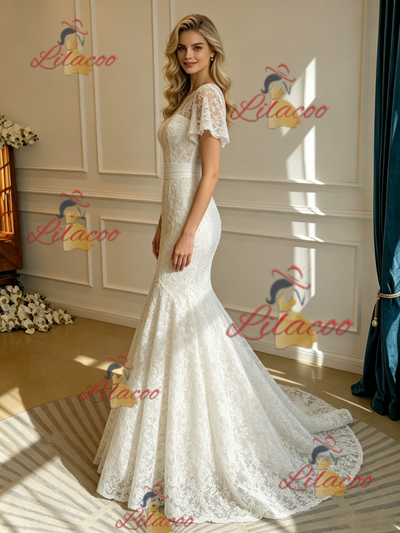 White Mermaid Lace Scoop Neck Wedding Dress