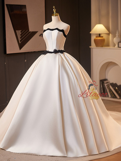 White Satin Strapless Bow Wedding Dress