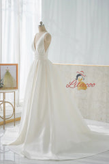 White Satin V-Neck Backless Wedding Dress