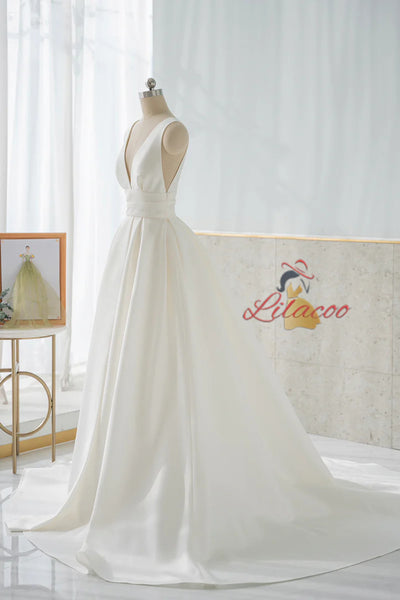 White Satin V-Neck Backless Wedding Dress