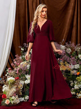 Burgundy Short Sleeve V-neck Prom Dress