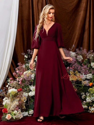 Burgundy Short Sleeve V-neck Prom Dress