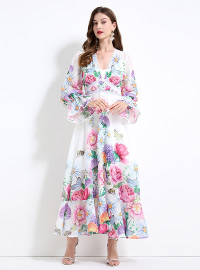 Deep V-neck Lace Stitching Slim Lotus Dress