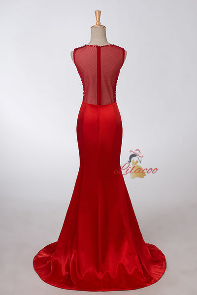 Red Mermaid Satin Beading Pearls Prom Dress