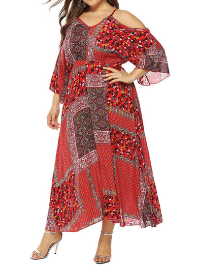 Horn Sleeve Retro Print Long Dress