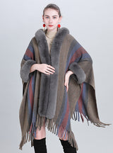 Colored Striped Fur Collar Fringed Shawl Cloak