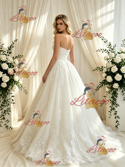 Beige White Tulle Appliques Strapless Wedding Dress