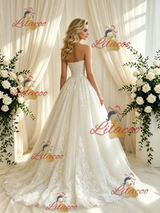 Beige White Tulle Appliques Strapless Wedding Dress