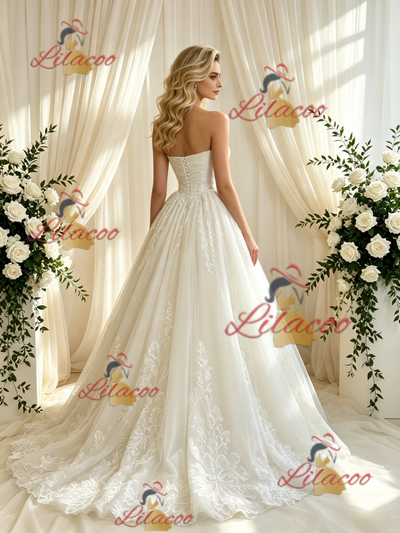 Beige White Tulle Appliques Strapless Wedding Dress