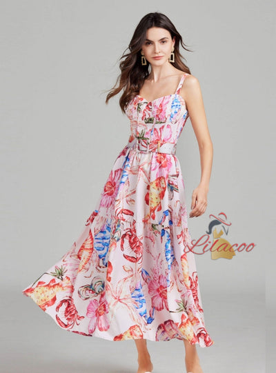 Holiday Pink Printed Seaside Suspender Flower Dress