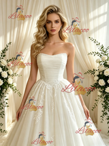 Beige White Tulle Appliques Strapless Wedding Dress