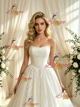 Beige White Tulle Appliques Strapless Wedding Dress