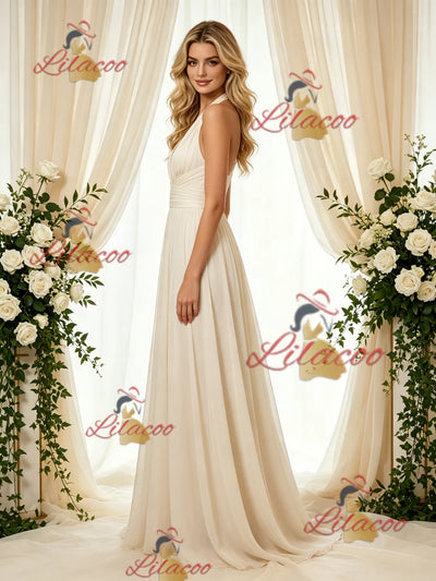Ivory Chiffon Pleats Backless Pleats Wedding Dress