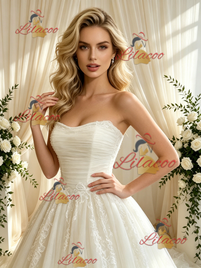 Beige White Tulle Appliques Strapless Wedding Dress