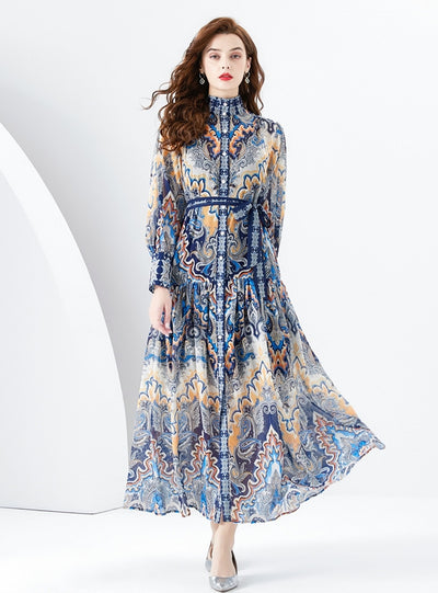 Long-sleeved Slim Breasted Printed Dress